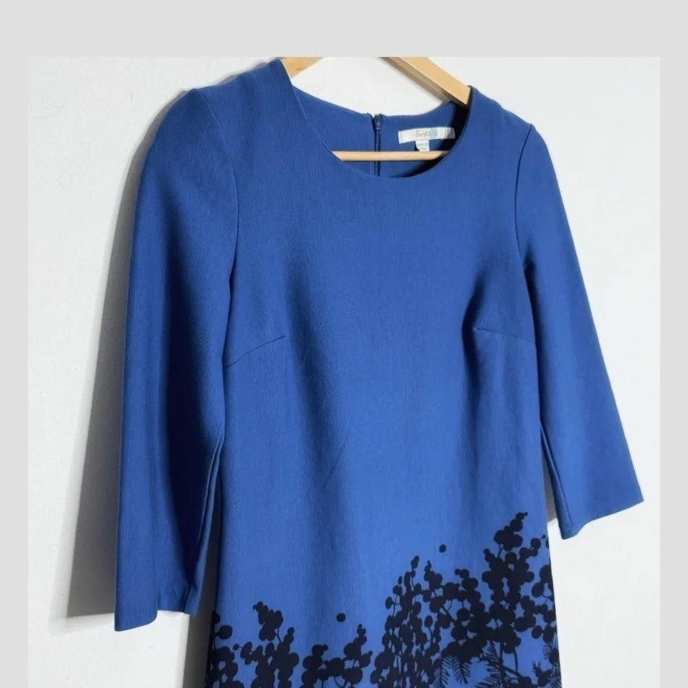 Boden Sheath Dress Stretch Ponte Fabric Blue Black Print 3/4 Sleeve Zip Back